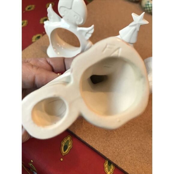Ceramic Napkin Rings Set of 5 White Angels Santa Turkey Christmas Tree Handmade - Picture 8 of 9